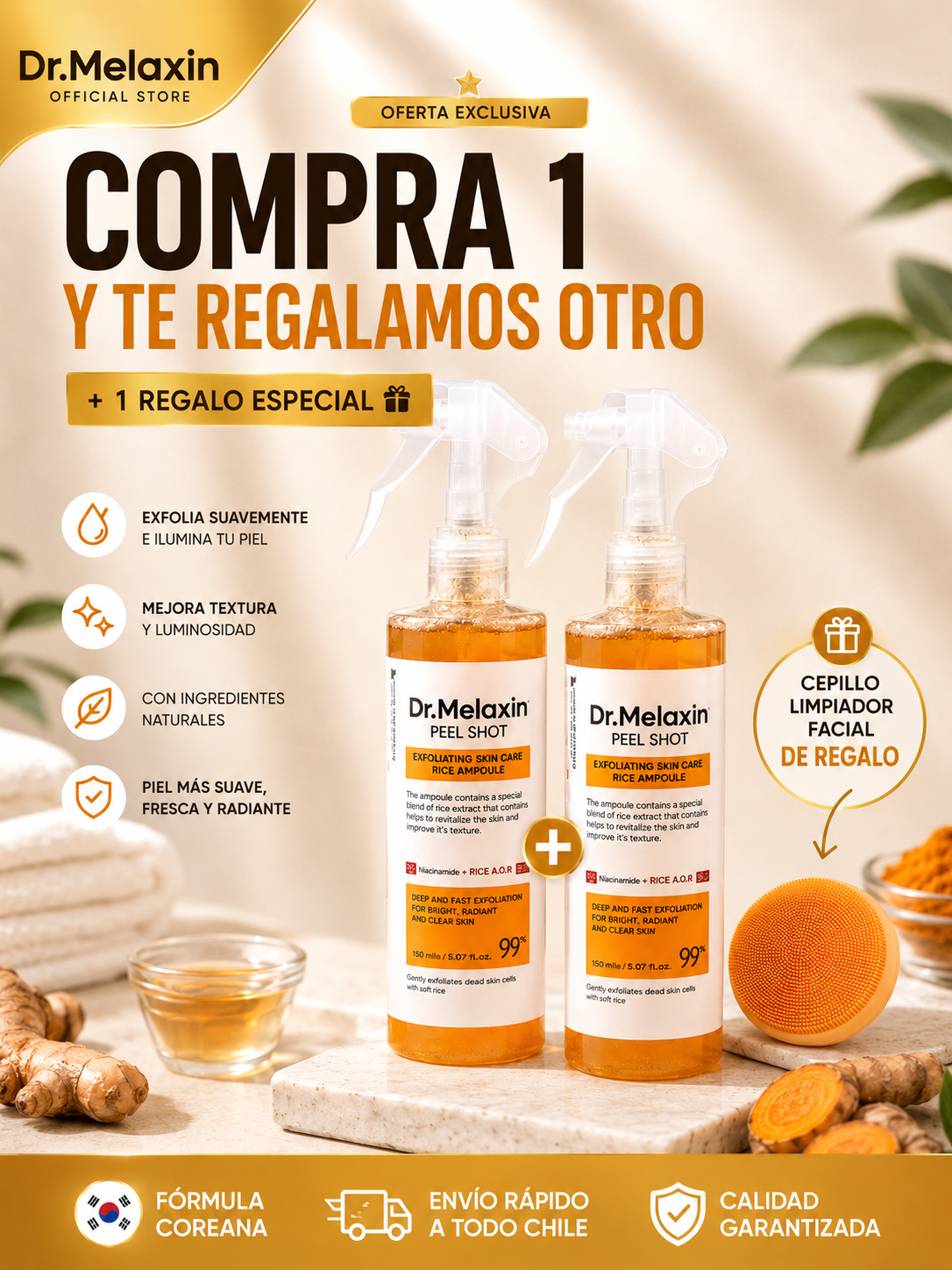 Dr. Melaxin Peel Shot™ Spray exfoliante corporal para una apariencia más suave, luminosa y visualmente uniforme.